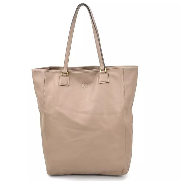 Auth LOEWE Anagram Shoulder Bag Tote Bag Gray Brown Leather/Goldtone